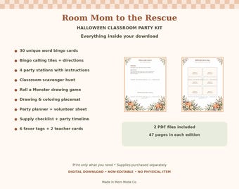Könnte beinhalten: Ein digitales Halloween-Klassenzimmer-Party-Set mit dem Titel Room Mom to the Rescue. Enthält 30 Bingokarten, Spielkarten, 4 Stationen, eine Schnitzeljagd, ein Monster-Zeichenspiel, Platzsets, Planer und Geschenkanhänger. 2 PDFs, je 47 Seiten.