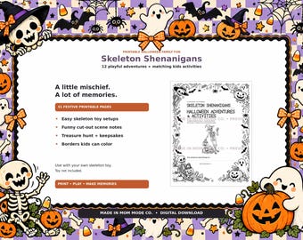 Könnte beinhalten: Ein druckbares Halloween-Aktivitätsset mit dem Titel Skeleton Shenanigans, das 31 Seiten mit Abenteuern, ausschneidbaren Notizen und ausmalbaren Rändern enthält. Das Dokument enthält Text über Skelett-Spielaufbauten.