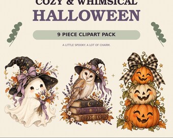Könnte beinhalten: Ein digitales Clipart-Paket mit dem Titel COZY & WHIMSICAL HALLOWEEN mit drei Illustrationen: ein Geist mit Hexenhut und Blumen, eine Eule auf einem Bücherstapel mit Hexenhut und ein Stapel aus drei Kürbissen mit einer karierten Schleife.