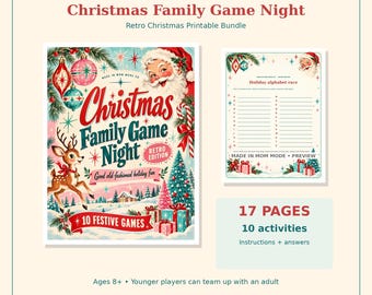 Könnte beinhalten: Ein digitales, ausdruckbares Weihnachtsspiel-Set mit 17 Seiten und 10 Aktivitäten. Das Cover zeigt den Weihnachtsmann, ein Rentier, Christbaumkugeln und Geschenke mit dem Text Christmas Family Game Night Retro Edition.