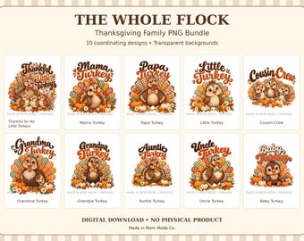 Könnte beinhalten: Ein digitales Set mit dem Titel THE WHOLE FLOCK Thanksgiving Family PNG Bundle, das 10 koordinierte Designs von Cartoon-Truthähnen mit karierten Federn, Kürbissen und Herbstblumen enthält. Jede Grafik enthält Textbeschriftungen wie Mama Turkey und Papa Turkey.
