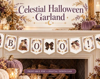 Könnte beinhalten: Eine Celestial Halloween Garland Girlande mit neun Wimpeln, die einen schwarzen Kater, die Buchstaben B, O, O, eine Schleife, den Buchstaben O, ein Gespenst, ein Ausrufezeichen und eine Fledermaus mit Blumen- und Mondmotiven zeigen.