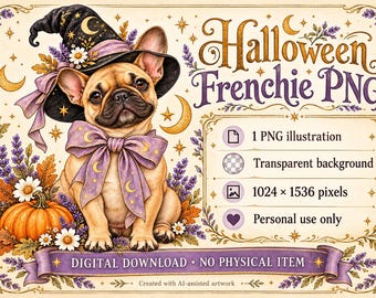 Könnte beinhalten: Eine digitale Illustration einer Französischen Bulldogge mit einem schwarzen Hexenhut mit goldenen Monden und einer lila Schleife, umgeben von Kürbissen, Gänseblümchen und Lavendel. Der Text lautet Halloween Frenchie PNG, 1 PNG illustration, Transparent background, 1024 x 1536 pixels, Personal use only, DIGITAL DOWNLOAD NO PHYSICAL ITEM.