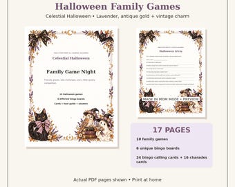 Könnte beinhalten: Ein digitales PDF-Set mit 17 Halloween-Familienspielseiten, verziert mit lavendelfarbenen und goldenen Blumenrändern, einer schwarzen Katze, einer Eule und einem Geist. Der Text umfasst "Halloween Family Games" und "Celestial Halloween".