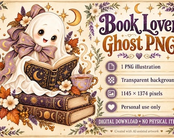 Könnte beinhalten: Eine digitale Illustration eines weißen Geistes mit einer violetten Schleife, der ein Buch auf zwei weiteren Büchern liest, ergänzt durch eine Teetasse, Blumen und Sterne. Der Text umfasst Book Lover Ghost PNG, 1 PNG illustration, Transparent background, 1145 x 1374 pixels, Personal use only und DIGITAL DOWNLOAD NO PHYSICAL ITEM.