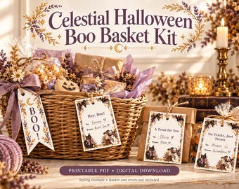 Könnte beinhalten: Ein himmlisches Halloween-Korb-Set mit druckbaren Geschenkanhängern mit Blumen- und Katzenillustrationen. Die Anhänger enthalten Texte wie BOO!, Hey, Boo!, A Treat for You und No Tricks, Just Treats. Dies ist ein digitales Download-Produkt.
