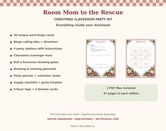 Könnte beinhalten: Ein digitales Weihnachts-Klassenzimmer-Party-Set mit dem Titel Room Mom to the Rescue. Es enthält 30 Bingo-Karten, Spielkarten, 4 Party-Stationen, eine Schnitzeljagd, ein Schneemann-Zeichenspiel, eine Malunterlage, einen Planer und Geschenkanhänger.