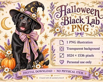 Könnte beinhalten: Eine digitale Illustration eines schwarzen Labradors mit Hexenhut und einer großen lila Schleife, umgeben von Lavendel, Gänseblümchen und einem orangefarbenen Kürbis. Der Text lautet Halloween Black Lab PNG, 1 PNG illustration, Transparent background, 1024 x 1536 pixels, Personal use only, DIGITAL DOWNLOAD, NO PHYSICAL ITEM, Created with AI-assisted artwork.