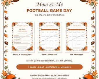 Könnte beinhalten: Ein druckbares Football-Spieltags-Aktivitätsset mit drei Seiten, verziert mit Herbstblättern und Helmen. Der Text umfasst Mom & Me Football Game Day, Big cheers. Little memories., Bingokarten, Anleitungen und Vorhersagen.