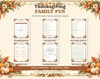 Könnte beinhalten: Ein Thanksgiving Family Fun Set mit 16 ausdruckbaren Spieleseiten, darunter Bingo, eine Schnitzeljagd, Who's Most Likely To, Dankeskarten, Ausmal-Platzsets und ein Wortsuchrätsel, verziert mit Herbstblättern, Kürbissen und Karoschleifen.