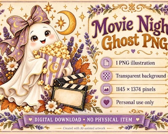 Könnte beinhalten: Eine digitale Illustration eines niedlichen Geistes mit violetter Schleife, der einen gestreiften Popcorn-Eimer und eine Filmklappe hält. Der Text lautet Movie Night Ghost PNG, 1 PNG illustration, Transparent background, 1145 x 1374 pixels, Personal use only und DIGITAL DOWNLOAD NO PHYSICAL ITEM.