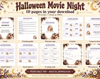 Könnte beinhalten: Ein digitales Halloween Movie Night Set mit 10 druckbaren Seiten, darunter ein Deckblatt, Druckanleitung, Willkommensschild, 6 Tickets, 2 Popcorn-Banderolen, Snack-Etiketten, 6 Stimmkarten, ein Film-Bewertungsbogen und ein Planer mit Blumenrand.