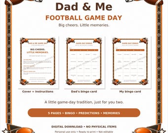 Könnte beinhalten: Ein digitales Spielset zum Thema Football mit dem Text Dad & Me Football Game Day, Big cheers. Little memories. Enthält ein Deckblatt mit Anleitungen, eine Bingo-Karte für Papa und eine Bingo-Karte für mich, verziert mit Footballs und Helmen.