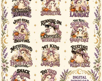 Könnte beinhalten: Ein digitales Set aus 11 Halloween-Geisterillustrationen mit lila Schleifen, Kürbissen und Blumenakzenten. Jedes Design enthält Text wie Raising Kids & Summoning Patience, Summoning a Babysitter und Haunted by the Laundry.