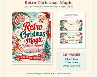 Könnte beinhalten: Ein digitales PDF-Set mit dem Titel Retro Christmas Magic mit 10 Seiten zum Ausdrucken von Geschenkanhängern, Heiligabend-Box-Etiketten und Weihnachtsmannbriefen. Das Design zeigt einen Vintage-Weihnachtsmann, ein Reh, Kugeln und Tannen.