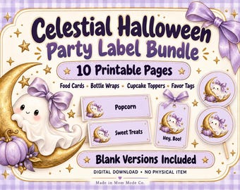Könnte beinhalten: Ein Celestial Halloween Party-Etiketten-Set mit 10 druckbaren Seiten. Das Design zeigt ein weißes Gespenst mit einer violetten Schleife auf einem goldenen Halbmond mit violetten Kürbissen, Sternen und Text wie Popcorn, Sweet Treats und Hey, Boo.