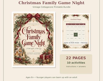 Könnte beinhalten: Ein digitales, druckbares Set mit dem Titel Christmas Family Game Night, das ein dekoratives Cover mit roter Schleife, Tannenzweigen und einem Lebkuchenhaus zeigt. Enthält eine Bingo-Vorschau, 22 Seiten und 10 Aktivitäten mit Lösungen.
