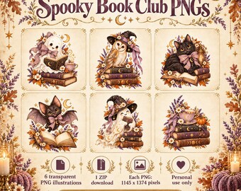 Könnte beinhalten: Eine digitale Sammlung mit dem Titel Spooky Book Club PNGs, die sechs Illustrationen von Geistern, einer Eule, einer Fledermaus und einer Katze mit Büchern, Blumen und Monden zeigt. Text enthalten: Made in Mom Mode Co., 6 transparent PNG illustrations, 1 ZIP download, 1145 x 1374 pixels, Personal use only, Digital PNG files, No physical item.