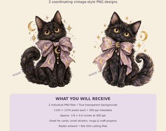 Könnte beinhalten: Zwei digitale Illustrationen von schwarzen Katzen mit gelben Augen, die jeweils eine große lavendelfarbene Schleife mit goldenen Monden und Sternen tragen. Die Katzen sind von goldenen Himmelsymbolen umgeben. Text umfasst CELESTIAL BLACK CATS und WHAT YOU WILL RECEIVE.