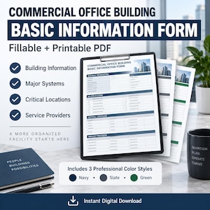 Puede incluir: Un formulario de información básica para edificios de oficinas comerciales en formato PDF rellenable e imprimible sobre un portapapeles. El documento incluye secciones para información del edificio, sistemas principales, ubicaciones críticas y proveedores de servicios. Ofrece tres estilos de color profesionales: azul marino, pizarra y verde.