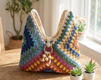 Borsa all'uncinetto colorata, borsa a tracolla quadrata stile nonna, borsetta boho all'uncinetto, borsa tote patchwork fatta a mano, borsa estiva multicolore, regalo per lei