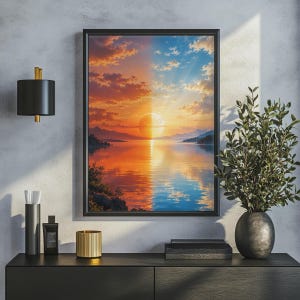 Könnte beinhalten: Ein gerahmter Kunstdruck mit einer zweigeteilten Landschaft eines Sees bei Sonnenuntergang. Die linke Seite zeigt warme Orange- und Rottöne, während die rechte Seite in kühle Blautöne übergeht. Eine große Sonne steht am Horizont über dem Wasser.