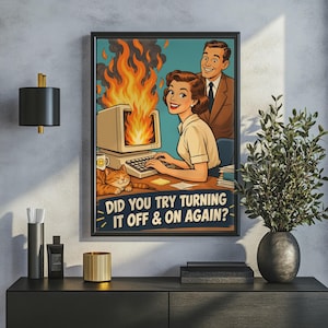 Retro kontorsbranddatorposter, rolig IT-väggkonst, tryck i mitten av århundradet