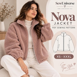 May include: A dusty rose, textured fleece jacket with a high collar, long sleeves with elastic cuffs, and a full-length front zipper. The image includes text reading SewUniverse, Nova Jacket, PDF Sewing Pattern, and size range XS - XXXL.