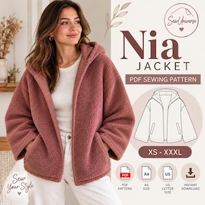 May include: A dusty rose teddy fleece jacket with a hood and two front pockets. The image includes text reading Nia JACKET PDF SEWING PATTERN, sizes XS - XXXL, and icons for PDF, A4, US Letter, and instant download.
