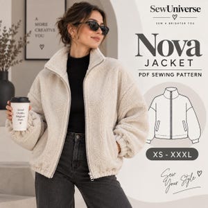 May include: A cream-colored, long-sleeve, zip-up fleece jacket with a high collar and ribbed cuffs. The image includes text reading SewUniverse, Nova JACKET, PDF SEWING PATTERN, and XS - XXXL, alongside a technical line drawing of the jacket.