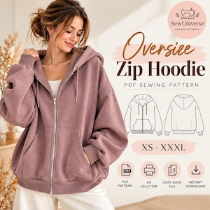 Puede incluir: Una sudadera con capucha y cremallera de color malva, corte oversize, con capucha y puños acanalados. El texto dice: SewUniverse Sewing Patterns, Oversize Zip Hoodie, PDF Sewing Pattern, XS - XXXL, PDF Pattern, A4 US Letter, Copy Shop File, Instant Download.