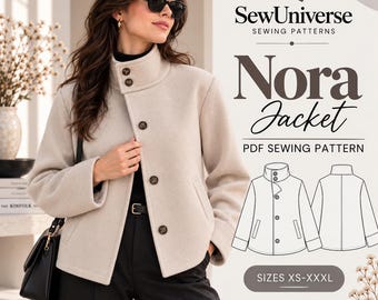 May include: A beige jacket with a high collar, long sleeves, and dark buttons. The text reads SewUniverse Sewing Patterns Nora Jacket PDF Sewing Pattern Sizes XS-XXXL. A line drawing shows the front and back views of the jacket design.