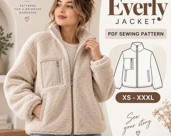 May include: A beige fleece jacket with a high collar, a full-length front zipper, and a zippered chest pocket. The image includes text reading SewUniverse, Everly Jacket, PDF Sewing Pattern, and XS-XXXL, along with a technical line drawing.