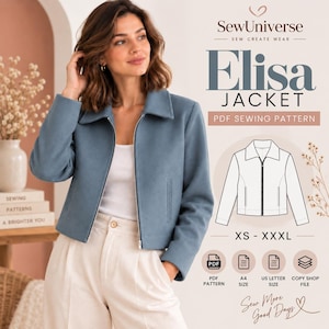 Puede incluir: Una chaqueta azul con cuello y cierre de cremallera frontal. La imagen incluye el texto SewUniverse Elisa Jacket PDF Sewing Pattern, un dibujo técnico de la chaqueta, el rango de tallas XS-XXXL e iconos para PDF, A4, US Letter y archivo Copy Shop.