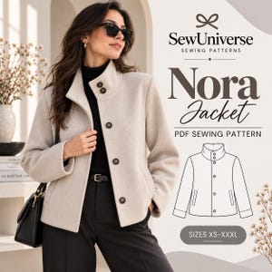 Pode incluir: Um casaco bege com gola alta e quatro botões escuros, usado sobre uma gola alta preta e calças pretas. O texto diz SewUniverse Sewing Patterns, Nora Jacket, PDF Sewing Pattern e Sizes XS-XXXL, com um desenho linear do casaco.