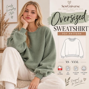 Puede incluir: Una sudadera verde salvia de corte oversize con mangas largas y cuello redondo. La imagen incluye el texto SewUniverse Oversized Sweatshirt PDF Pattern, XS-XXXL, e iconos para patrón PDF, tamaños A4, tamaños US letter y archivo de impresión.