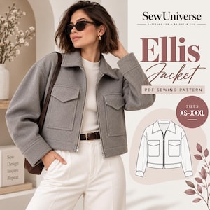 May include: A grey jacket with a collar, long sleeves, and two front flap pockets. The text reads Sew Universe, Ellis Jacket, PDF Sewing Pattern, and Sizes XS-XXXL. A black and white line drawing of the jacket is included on the right side.