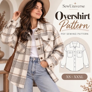 May include: A beige and gray plaid overshirt with a collar, long sleeves, button-down front, and two chest pockets. The image includes the text SewUniverse Overshirt Pattern PDF SEWING PATTERN XS - XXXL and a black and white line drawing of the shirt.