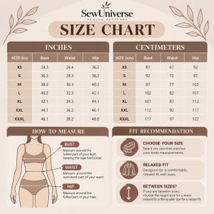 May include: A SewUniverse sewing patterns size chart featuring columns for bust, waist, and hip measurements in inches and centimeters. It includes a diagram showing how to measure the body and text providing fit recommendations for choosing sizes.