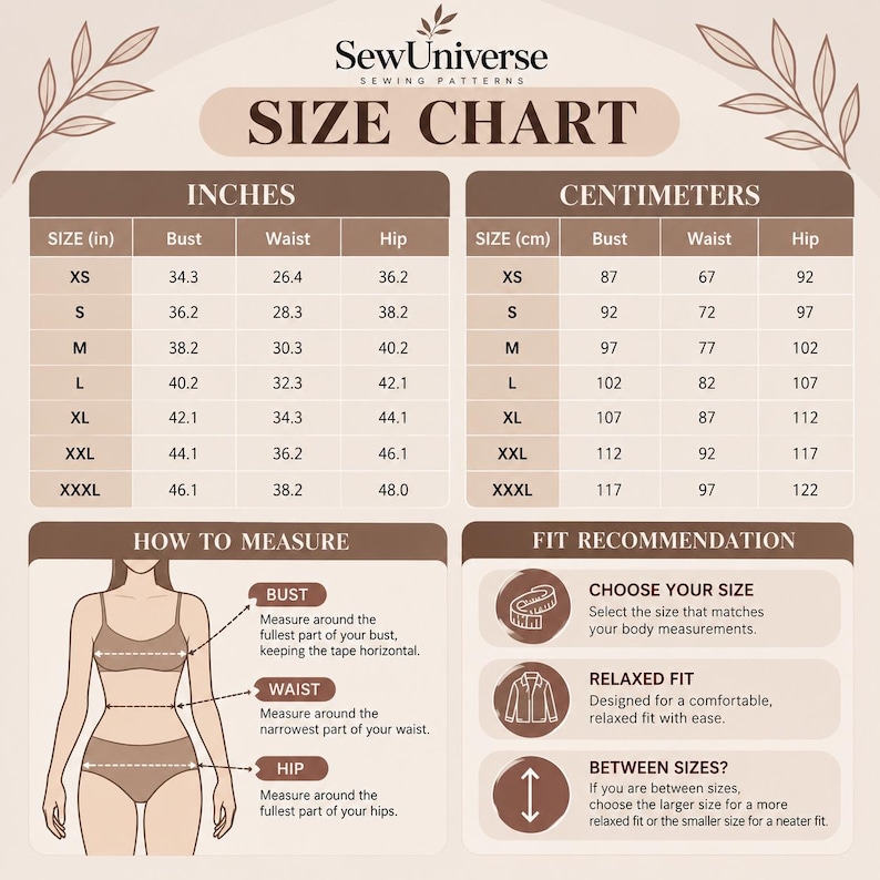 May include: A SewUniverse sewing patterns size chart featuring columns for bust, waist, and hip measurements in inches and centimeters. It includes a diagram showing how to measure the body and text providing fit recommendations for choosing sizes.
