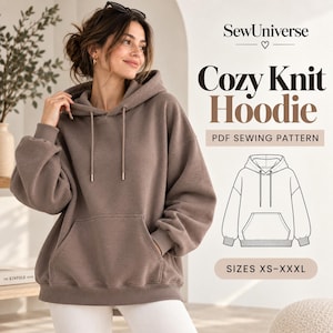 Può includere: Una felpa con cappuccio marrone a maniche lunghe dotata di cappuccio, coulisse e tasca a marsupio frontale. L'immagine include il testo SewUniverse, Cozy Knit Hoodie, PDF SEWING PATTERN, SIZES XS-XXXL e un disegno al tratto in bianco e nero.