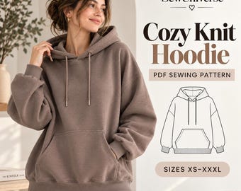 May include: A brown long-sleeve hoodie with a hood, drawstrings, and a front kangaroo pocket. The image includes the text SewUniverse, Cozy Knit Hoodie, PDF SEWING PATTERN, and SIZES XS-XXXL, alongside a black and white line drawing of the hoodie.