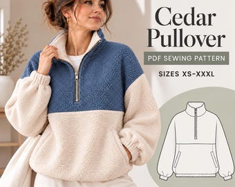 May include: A two-toned sherpa pullover with a blue upper section and cream lower section, featuring a quarter-zip collar, long sleeves with cuffs, and side pockets. Text reads: SewUniverse Cedar Pullover PDF SEWING PATTERN SIZES XS-XXXL.
