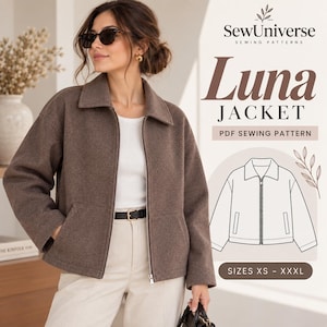 Könnte beinhalten: Eine braune Jacke mit Kragen, langen Ärmeln und einem Reißverschluss vorne. Das Bild enthält den Text SewUniverse Luna JACKET PDF SEWING PATTERN SIZES XS - XXXL sowie eine Strichzeichnung des Jackendesigns mit zwei Vordertaschen.