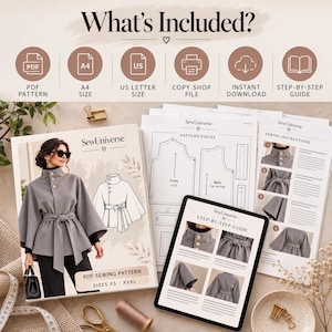 May include: A digital sewing pattern for a grey cape-style jacket with a high collar, buttons, and a tie waist. Includes PDF, A4, US Letter, and copy shop files, plus a step-by-step guide with visual instructions for sizes XS through XXXL.