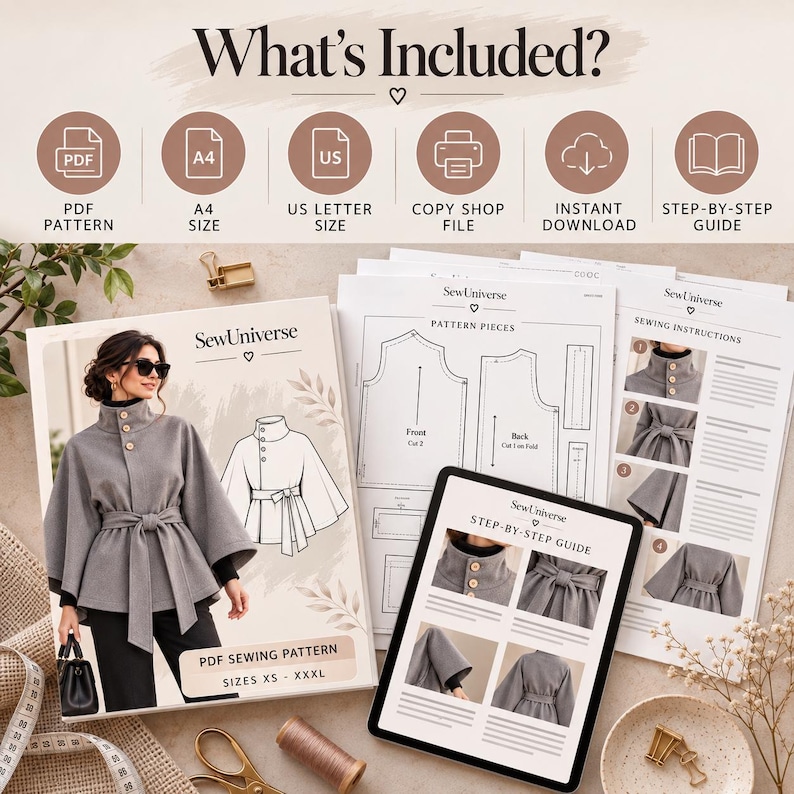 May include: A digital sewing pattern for a grey cape-style jacket with a high collar, buttons, and a tie waist. Includes PDF, A4, US Letter, and copy shop files, plus a step-by-step guide with visual instructions for sizes XS through XXXL.