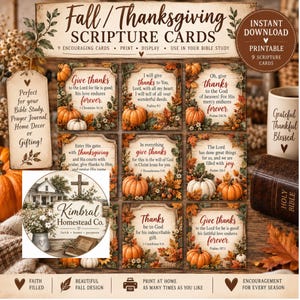 May include: A set of nine printable Fall and Thanksgiving scripture cards featuring autumn foliage, pumpkins, and religious text. The cards are displayed in a grid format with a vintage aesthetic, including a tag and a mug with matching text.