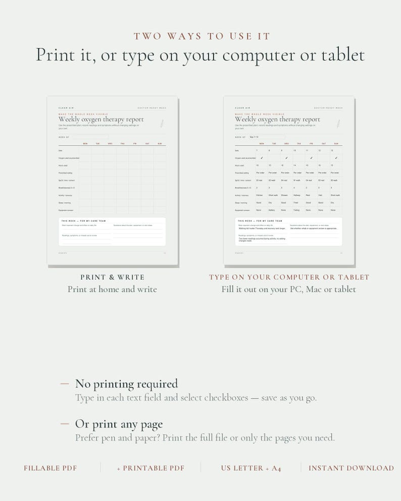 Spo2 Log Template Fillable Home Oxygen Therapy Planner | Weekly Oxygen & Spo2 Tracker ...