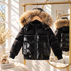 May include: A black puffer jacket featuring a glossy finish on the torso and matte sleeves. The jacket includes a hood trimmed with thick, brown faux fur, a central zipper closure, and ribbed cuffs. The design is quilted with horizontal stitching.