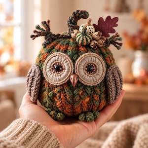 May include: A round, crocheted owl figurine featuring a variegated green and orange yarn body, two large beige fabric-rimmed eyes with dark beads, a copper-coloured beak, and decorative accents including small fabric pumpkins and a dark red leaf.
